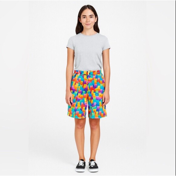 Handmade Rainbow Cat Print Womens Jorts Colorful Festival Pride Waist 29” Size 6 - Picture 2 of 16